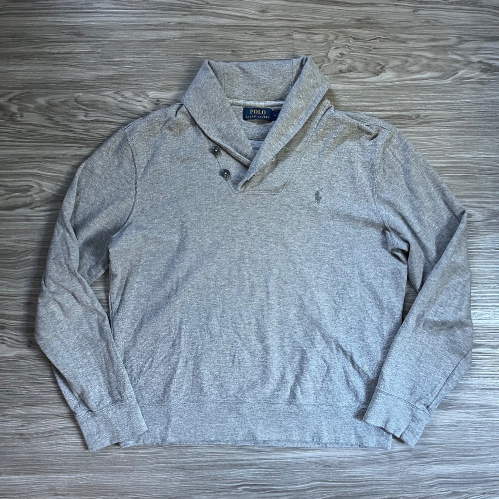 Polo Ralph Lauren Mens Grey Herringbone Shawl Collar Button Pullover Sweater M